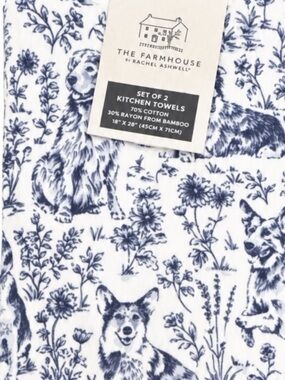 The Farmhouse by Rachel Ashwell Dog Toile Kitchen Towels Set/2 Bamboo Cotton NWT